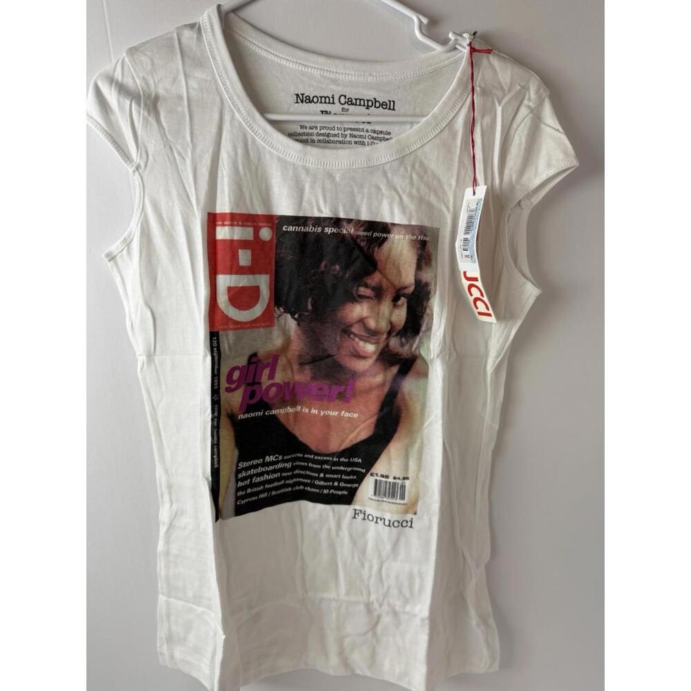 Fiorucci Top Womens Medium White Naomi Campbell Shirt ID Cover Print NWT